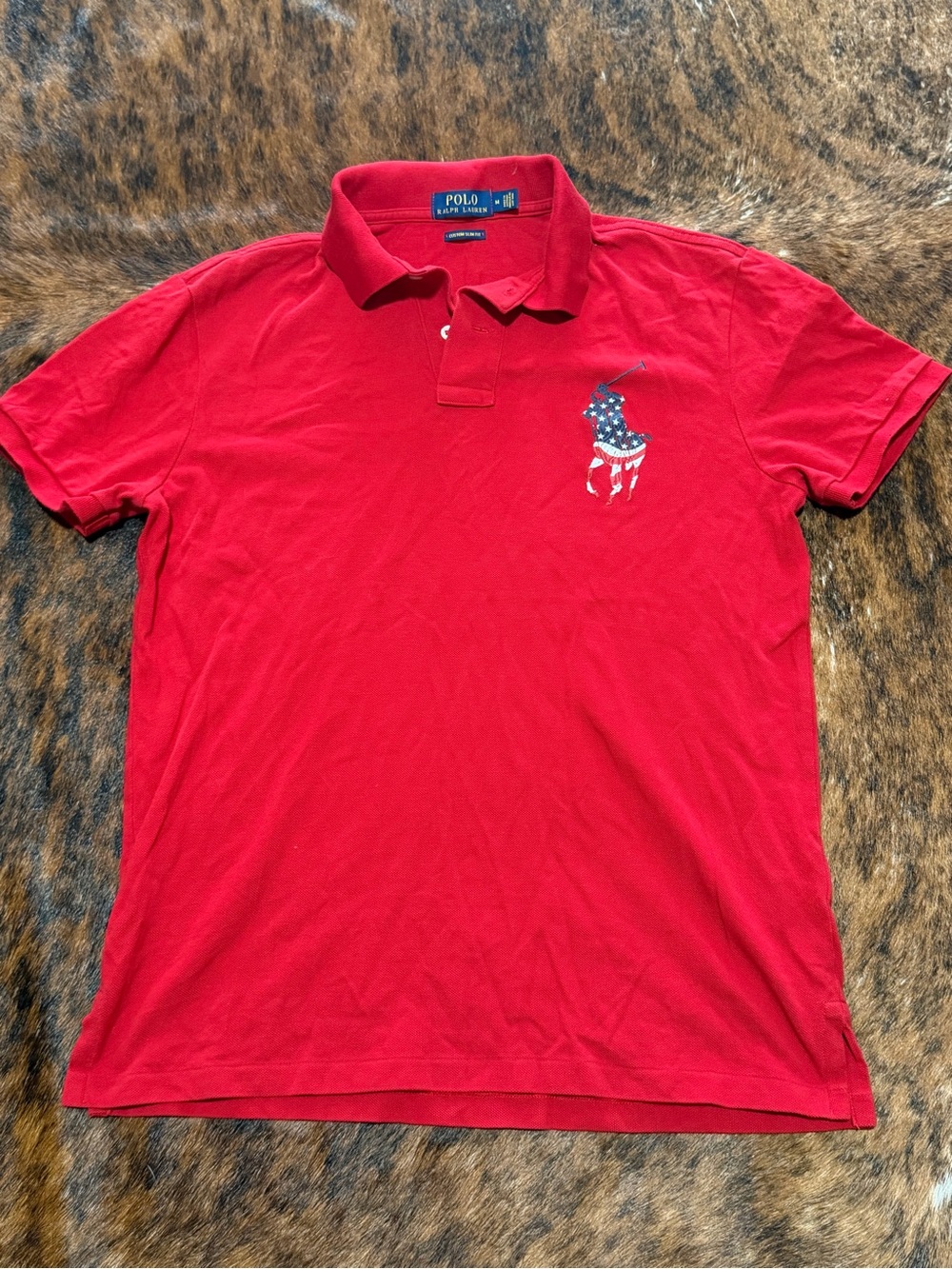 Polo Ralph Lauren Polo Shirt Mens M Red Big Pony USA Flag Custom Slim Fit